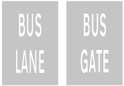Road markings indicating the start of a route for buses and other permitted vehicles shown on upright blue circular signs