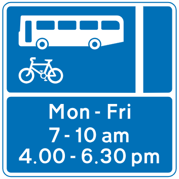 With-flow bus and pedal cycle lane sign showing hours of operation. Where no times are shown, the bus lane operates at all times