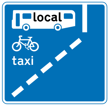 With-flow bus lane ahead that can also be used by pedal cycles and taxis. Hours of operation may be shown