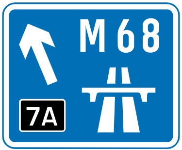 Blue direction signs, with the motorway symbol and large route numbers, indicate that a motorway or motorway slip road leads directly from a junction with an all-purpose road