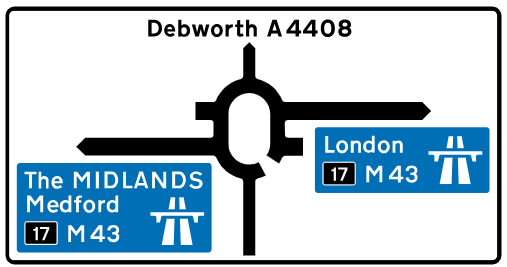On the approach to a junction with a motorway, a direction sign on an all-purpose road has blue panels that include the motorway symbol. The panels may include the junction number on a black background. The name in capital letters is a regional destination