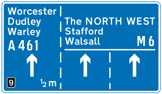 This sign is normally located 1 mile and ½ mile before the junction and shows the appropriate lanes to use for various destinations. In this example, the left-hand lane leads directly to the exit slip road; the centre and right-hand lanes continue through the junction