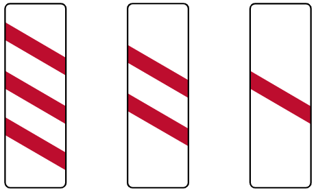 Countdown markers may be provided on the approach to a crossing. These divide the distance between the advance warning sign and the stop line into 3 equal parts; each sloping bar does not necessarily represent a distance of 100 yards