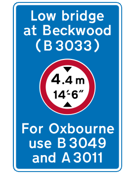 Location of mandatory height restriction ahead, with indication of an alternative route
